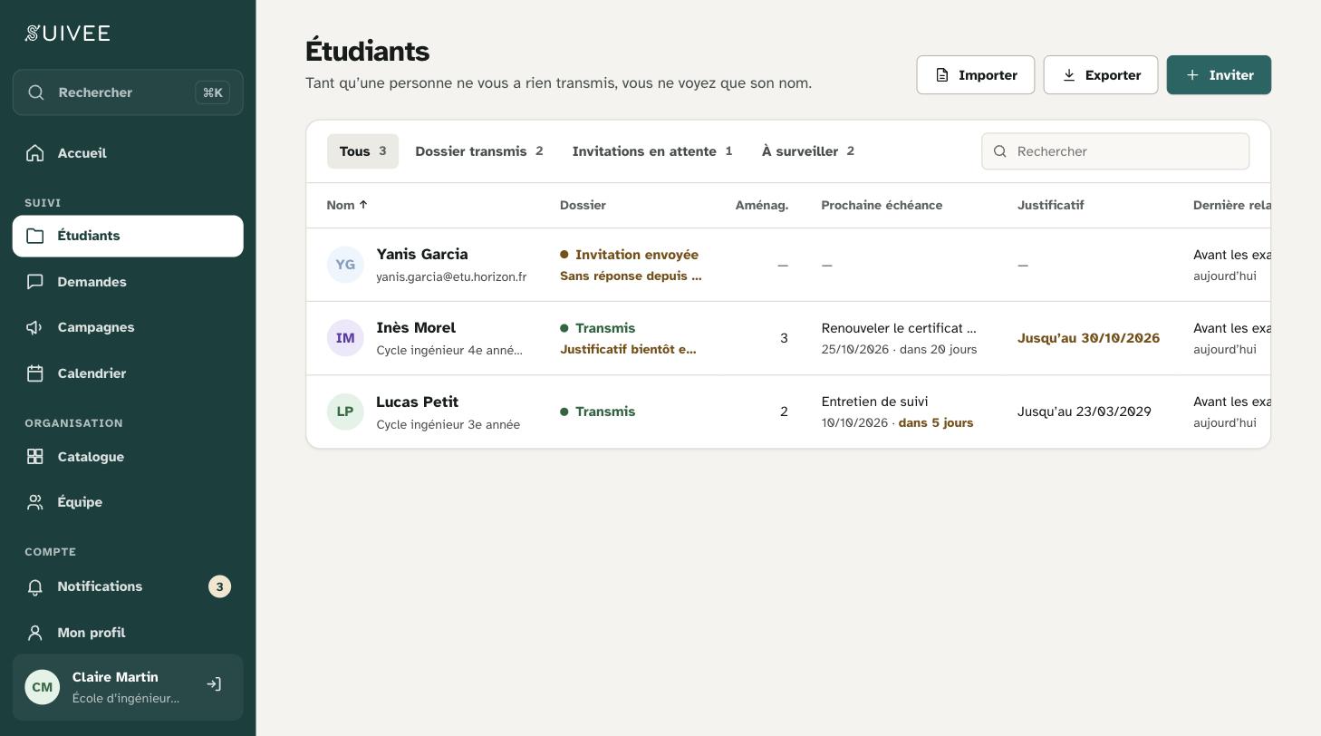Le tableau de suivi du référent : trois étudiants, l’état de leur dossier, leurs aménagements et leurs prochaines échéances.