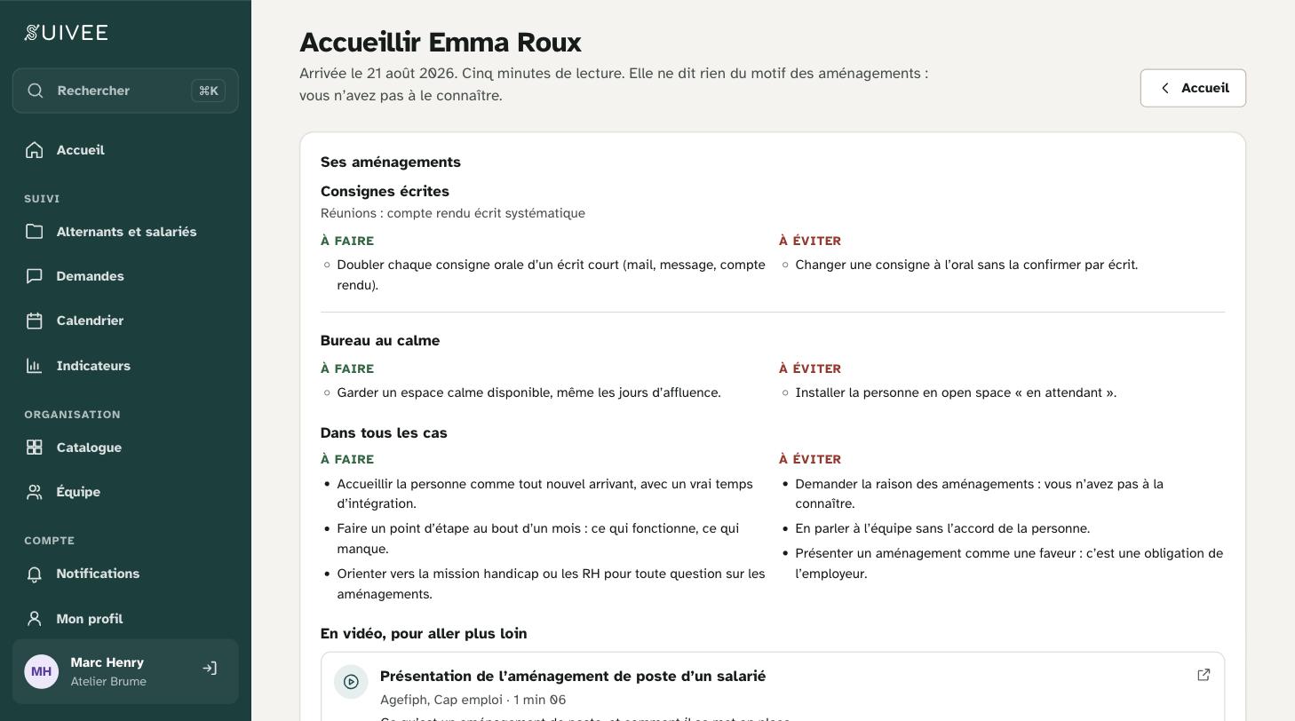 La fiche du manager pour accueillir Emma : pour chaque aménagement, ce qu’il faut faire et ce qu’il faut éviter.